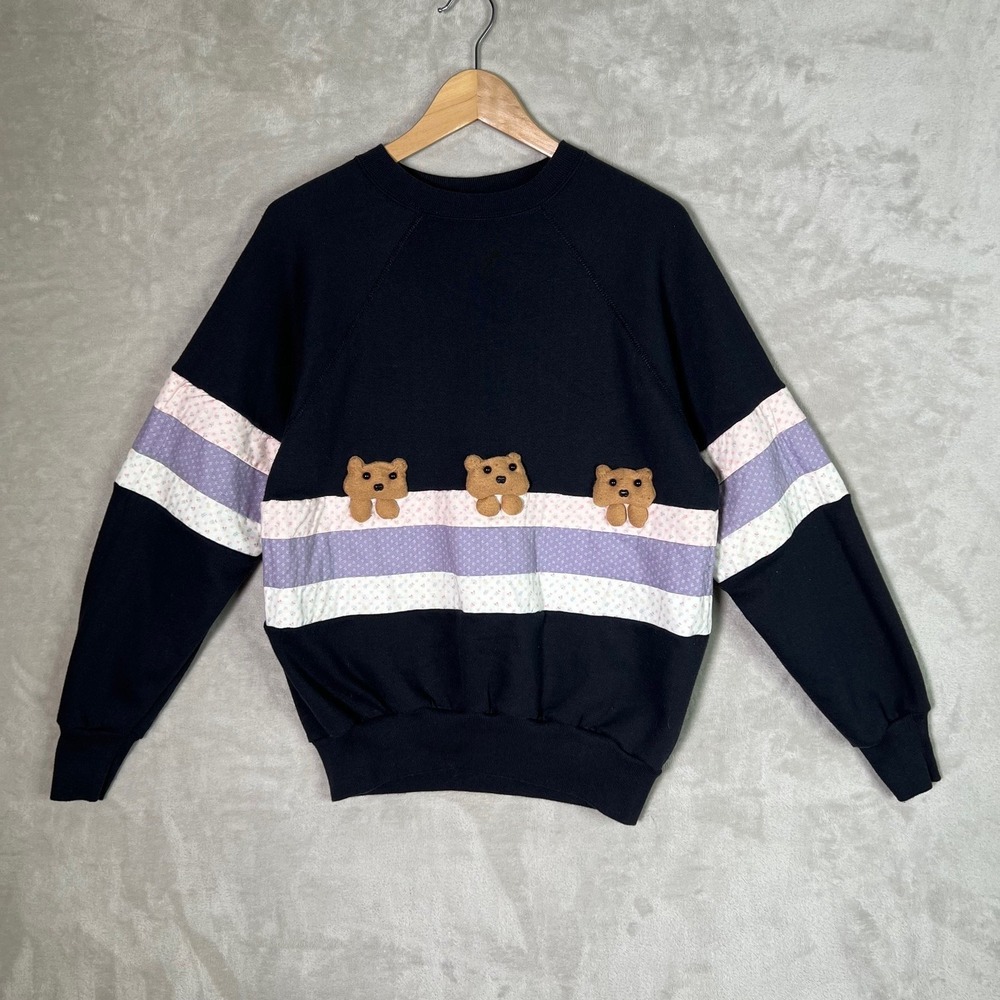Vintage F.L. Robinson Teddy Bear‎ Patchwork Sweatshirt Large USA Cottagecore
